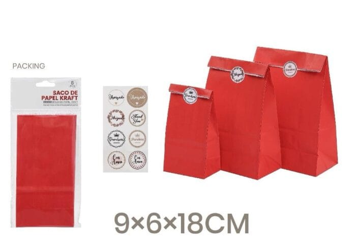 Saco Papel Kraft Vermelho 9x6x19cm c/8 - Image 1